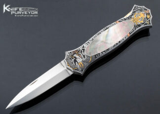 Joe Kious Custom Knife Black Lip Tahitian Pearl Shell Interframe Lockback Engraved by C.J. Cai 16633