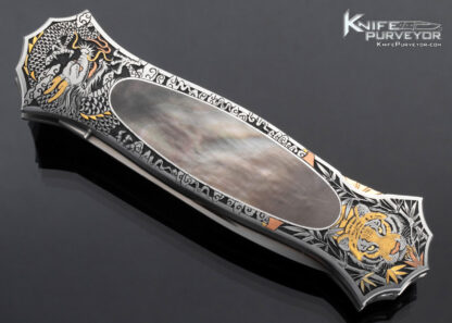 Joe Kious Custom Knife Black Lip Tahitian Pearl Shell Interframe Lockback Engraved by C.J. Cai - Image 4