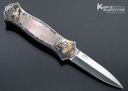 Joe Kious Custom Knife Black Lip Tahitian Pearl Shell Interframe Lockback Engraved by C.J. Cai - Image 2