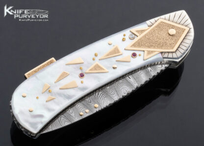 Dellana-Custom-Knife-Sole-Authorship-Damascus-with-14Kt-Gold-Diamond-and-Ruby-Encrusted-Lockback-Meteor-Shower-15721