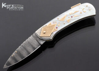 Dellana Custom Knife Sole Authorship Damascus with 14Kt Gold, Diamond and Ruby Encrusted Lockback "Meteor Shower" Featured in "The Art knives of Van Barnett & Dellana" 15721