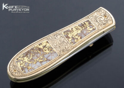 Jim Sornberger Custom Knife Sole Authorship Engraved 14Kt Gold and Gold Quartz San Francisco California Gold Rush Linerlock - Image 3