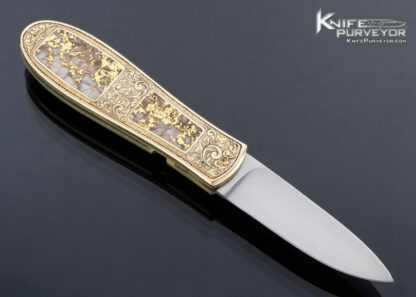 Jim Sornberger Custom Knife Sole Authorship Engraved 14Kt Gold and Gold Quartz San Francisco California Gold Rush Linerlock - Image 4