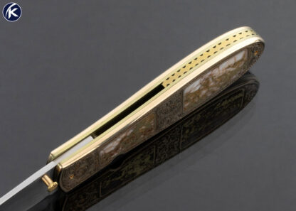 Jim Sornberger Custom Knife Sole Authorship Engraved 14Kt Gold and Gold Quartz San Francisco California Gold Rush Linerlock - Image 5