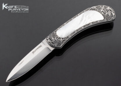 Buster Warenski Custom Knife Mother of Pearl Interframe Lockback Folder Engraved by Julie Warenski 16645