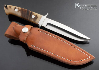 John Young Custom Knife Book Matched Ram's Horn 5 Inch Fighter with Leather Sheath - Image 3