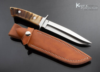 John Young Custom Knife Book Matched Ram's Horn 6 Inch Fighter with Leather Sheath - Image 3