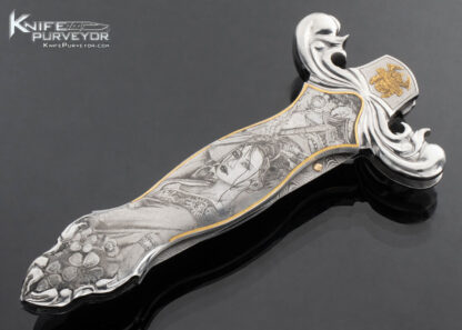 Shaun and Sharla Hansen Custom Knife Sole Authorship Engraved Samurai Dual Action Automatic Dagger 24Kt Gold Inlays with Guard Release - Image 3