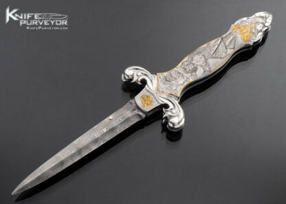 Shaun and Sharla Hansen Custom Knife Sole Authorship Engraved Samurai Dual Action Automatic Dagger 24Kt Gold Inlays with Guard Release 16848