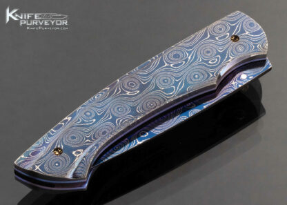 William Tuch Custom Knife Devin Thomas Raindrop Damascus Carved Scale Auto Linerlock Folder - Image 4