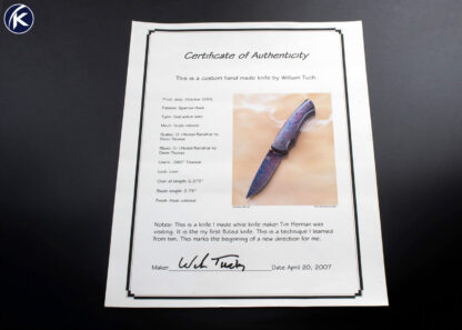 William Tuch Custom Knife Devin Thomas Raindrop Damascus Carved Scale Auto Linerlock Folder - Image 8