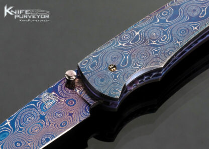 William Tuch Custom Knife Devin Thomas Raindrop Damascus Carved Scale Auto Linerlock Folder - Image 2