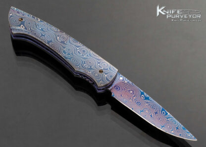 William Tuch Custom Knife Devin Thomas Raindrop Damascus Carved Scale Auto Linerlock Folder - Image 3