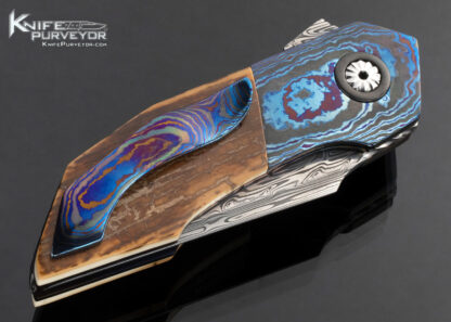 Alistair Bastian Custom Knife Mammoth and Damascus Timascus Linerlock Flipper - Image 4