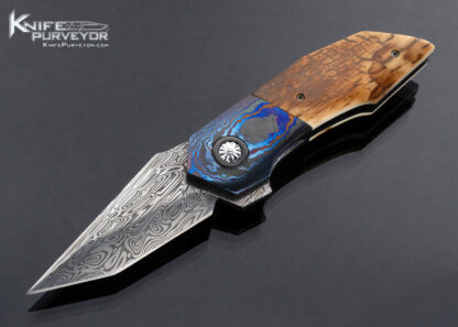 Alistair Bastian Custom Knife Mammoth and Damascus Timascus Linerlock Flipper 16797