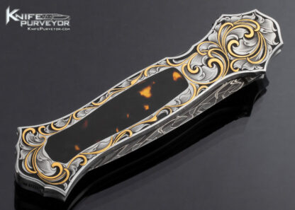 Joe Kious Custom Knife Amber Interframe and Gold Inlaid Auto Engraved by Julie Warenski - Image 3
