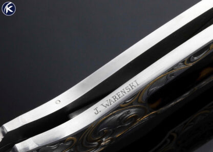 Joe Kious Custom Knife Amber and Gold Inlaid Auto Engraved by Julie Warenski 16964