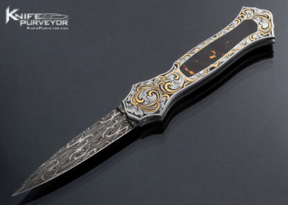 Joe Kious Custom Knife Amber and Gold Inlaid Auto Engraved by Julie Warenski 16964