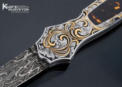 Joe Kious Custom Knife Amber Interframe and Gold Inlaid Auto Engraved by Julie Warenski - Image 2