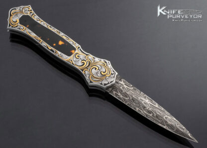 Joe Kious Custom Knife Amber Interframe and Gold Inlaid Auto Engraved by Julie Warenski - Image 4