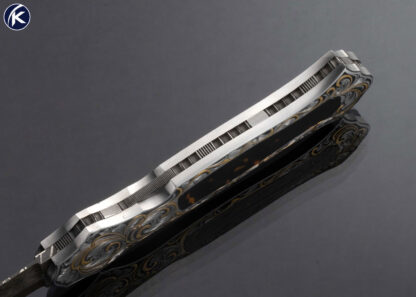 Joe Kious Custom Knife Amber Interframe and Gold Inlaid Auto Engraved by Julie Warenski - Image 5
