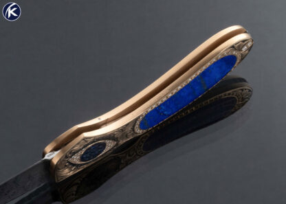 Joe Kious Custom Knife Blue Lapis Lazuli Interframe Solid Rose Gold and Diamond Encrusted Julie Warenski Engraved Lockback with Gold Toothpick - Image 7