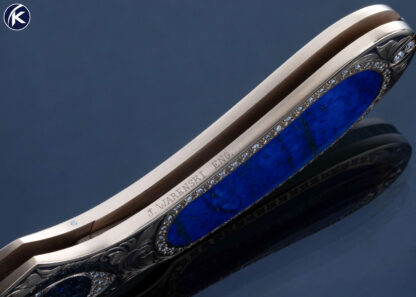 Joe Kious Custom Knife Blue Lapis Lazuli Interframe Solid Rose Gold and Diamond Encrusted Julie Warenski Engraved Lockback with Gold Toothpick 16961