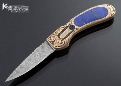 Joe Kious Custom Knife Blue Lapis Lazuli Interframe Solid Rose Gold and Diamond Encrusted Julie Warenski Engraved Lockback with Gold Toothpick 16961