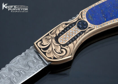 Joe Kious Custom Knife Blue Lapis Lazuli Interframe Solid Rose Gold and Diamond Encrusted Julie Warenski Engraved Lockback with Gold Toothpick - Image 2