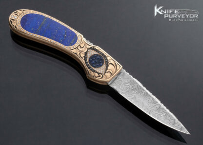 Joe Kious Custom Knife Blue Lapis Lazuli Interframe Solid Rose Gold and Diamond Encrusted Julie Warenski Engraved Lockback with Gold Toothpick - Image 5
