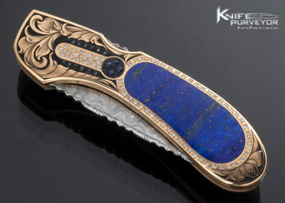 Joe Kious Custom Knife Blue Lapis Lazuli Interframe Solid Rose Gold and Diamond Encrusted Julie Warenski Engraved Lockback with Gold Toothpick - Image 4