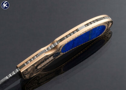 Joe Kious Custom Knife Blue Lapis Lazuli Interframe Solid Rose Gold and Diamond Encrusted Julie Warenski Engraved Lockback with Gold Toothpick - Image 6