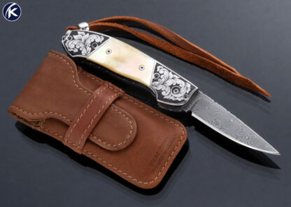 Mike Whiskers Allen Custom Knife Engraved and Gold Lip Pearl Bolster Release Auto - Image 4