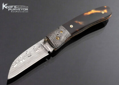 R.B. Johnson Custom Knife Damasteel Gibeon Meteorite and Amber Over 24kt Gold Leaf Linerlock 16956
