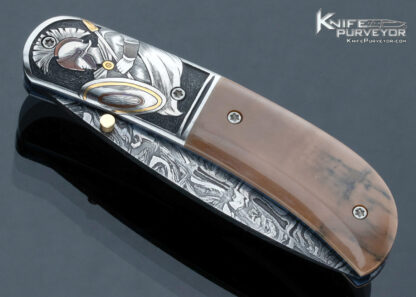 Jody Muller Custom Knife Sole Authorship Damascus and Engraved "Spartans" Linerlock - Image 3