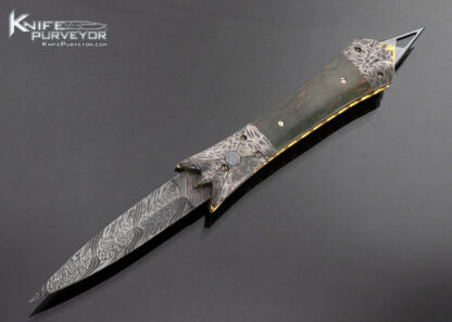 Frank Potter Custom Knife Robert Eggerling Mosaic Damascus and Mammoth Automatic Linerlock with Skull Crusher 169118