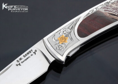 Scott Sawby Custom Knife Jasper Interframe Tern Selflock Engraved by Martin Butler with Gold Inlays - Image 2