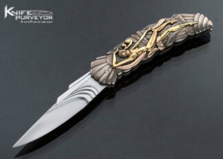 Stephen Olszweski Custom Knife Ron Skaggs Deep Relief Engraved Silver, Brass and Gold Inlaid Linerlock Folder 16900