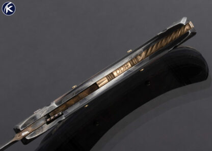 Darrel Ralph Custom Knife Damascus and Black Lip Tahitian Pearl Shell Linerlock Automatic with Gold Spine 16732