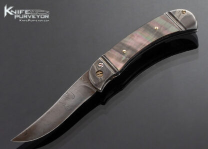 Darrel Ralph Custom Knife Damascus and Black Lip Tahitian Pearl Shell Linerlock Automatic with Gold Spine 16732