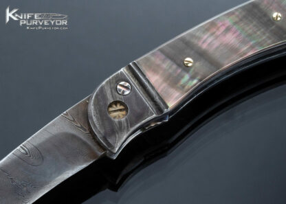 Darrel Ralph Custom Knife Damascus and Black Lip Tahitian Pearl Shell Linerlock Automatic with Gold Spine - Image 2
