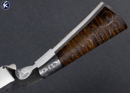 Joe Keeslar M.S. Custom Knife Engraved Hand Forged Fixed Blade with Silver Wire Inlaid Tiger Striped Maple Complete with Sheath 13835