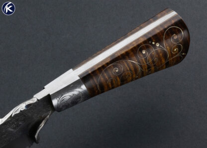 Joe Keeslar M.S. Custom Knife Engraved Hand Forged Fixed Blade with Silver Wire Inlaid Tiger Striped Maple Complete with Sheath - Image 5