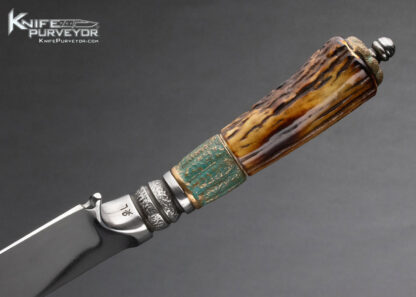 UnKnown Maker Custom Knife Signed with a Stick Figure and L Amber Stag Bowie With Sheath - Image 5