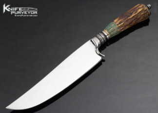 UnKnown Maker Custom Knife Signed with a Stick Figure and L Amber Stag Bowie With Sheath 13847