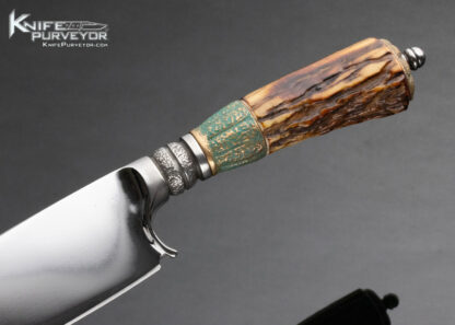 UnKnown Maker Custom Knife Signed with a Stick Figure and L Amber Stag Bowie With Sheath - Image 2