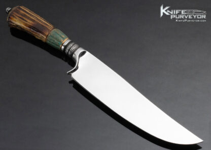 UnKnown Maker Custom Knife Signed with a Stick Figure and L Amber Stag Bowie With Sheath - Image 3