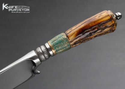 UnKnown Maker Custom Knife Signed with a Stick Figure and L Amber Stag Bowie With Sheath - Image 4