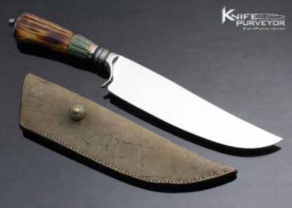 UnKnown Maker Custom Knife Signed with a Stick Figure and L Amber Stag Bowie With Sheath - Image 6
