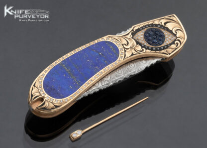 Joe-Kious-Custom-Knife-Blue-Lapis-Lazuli-Interframe-Solid-Rose-Gold-and-Diamond-Encrusted-Julie-Warenski-Engraved-Lockback-with-Gold-Toothpick-